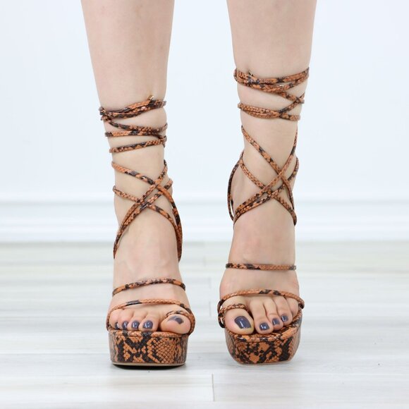 Brown Snake Strappy Platform Heels Adjustable Around Ankle Lace Up Stilettos - Picture 9 of 12
